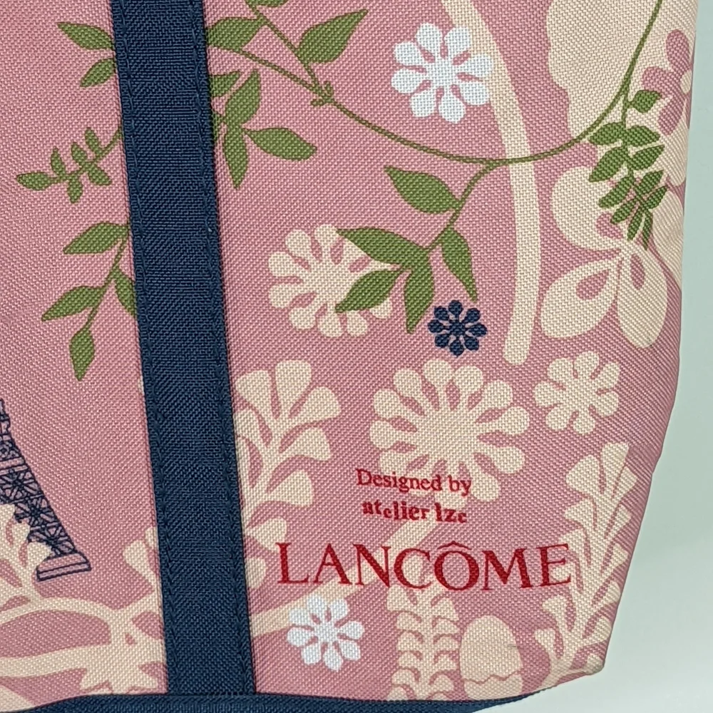 Lancome Tote Bag Pink Paris Atelier Flowers Canvas Eiffel Tower birds Lined Lg - Picture 4 of 10